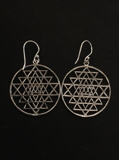 Large Flat Dharmic "Circle of Life" Styled Pair of Sterling Silver Earrings