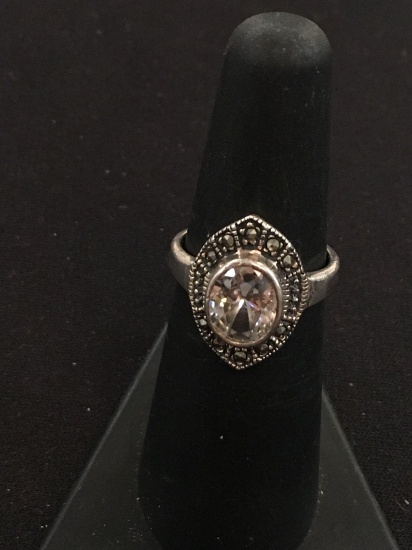 Large CZ & Marcasite Sterling Silver Ring - Size 5.5