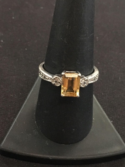 Citrine & White Gemstone Sterling Silver Cocktail Ring - Size 8.75