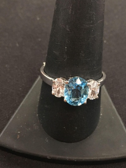 Blue & White Gemstone Sterling Silver Ring - Size 10