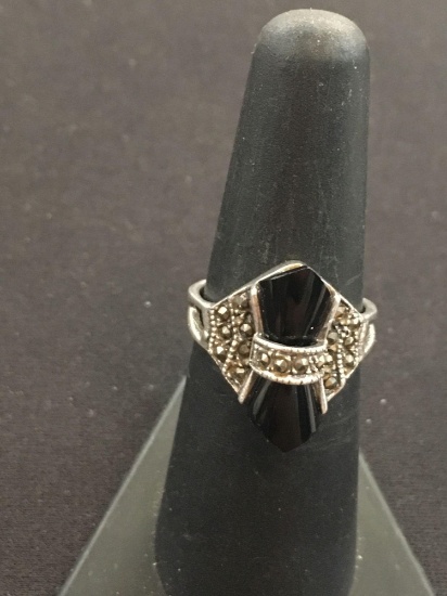 THA Marcasite & Black Onyx Sterling Silver Ring - Size 6.5