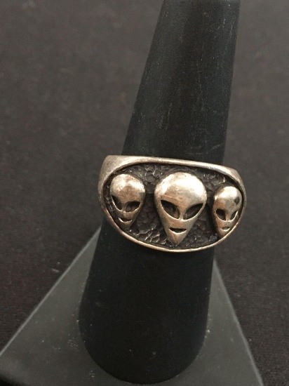 Awesome Carved Sterling Silver Alien Head Ring - Size 7.75