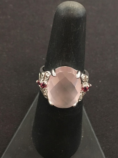 Checkerboard Cut Rose Quartz Sterling Silver Statement Ring - Size 6