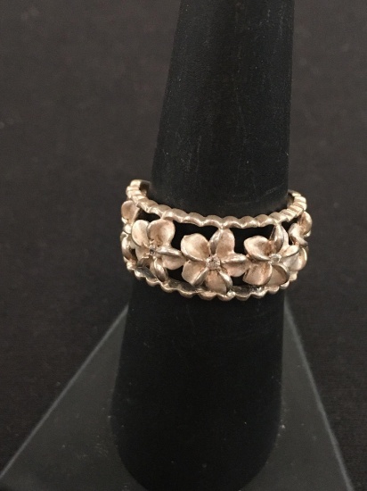 Floral Sterling Silver & Rhinestone Ring - Size 7