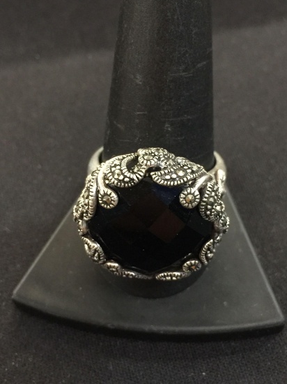 Thai Large Checkerboard Cut Onyx & Marcasite Statement Ring - Sz 10 (12 Grams)