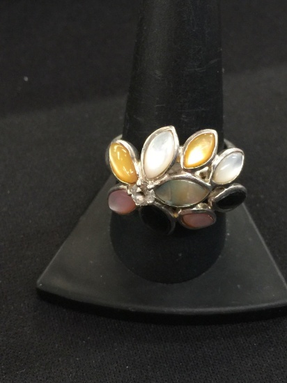 Multi Color Shell Inlaid Sterling Silver Floral Ring - Sz 9.75 (10 Grams)