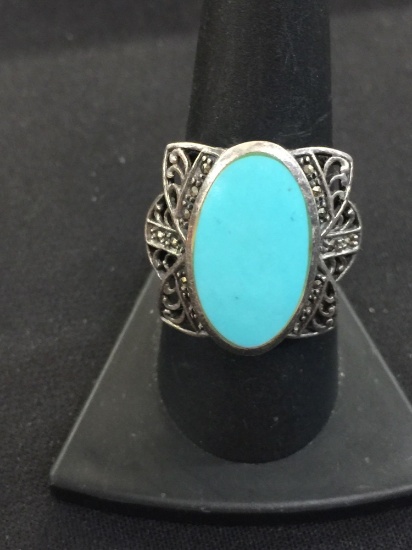 Vintage Sterling Silver & Large Turquoise Ring - Sz 8.5 (8 Grams)