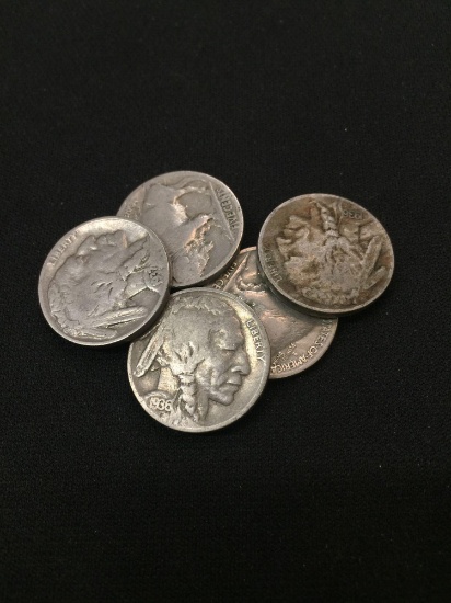 Lot of 5 United States Indian Head Buffalo Nickels With Partial or Full Dates