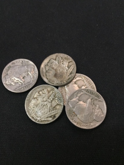 Lot of 5 United States Indian Head Buffalo Nickels With Partial or Full Dates