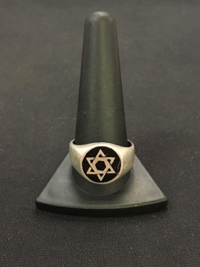 Antique Sterling Silver Star of David Jewish Onyx Ring - Sz 13 (12 Grams)