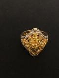 Flower Styled Oval Faceted Yellow Topaz Two-Tone Sterling Silver Ring Band - Size 6