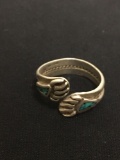 Broken Edge Turquoise Inlaid Bear Claw Styled Old Pawn Native American Sterling Silver Bypass Ring