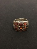 NF Designed Oval Faceted Garnet Three Row Sterling Silver Ring Band - Size 6