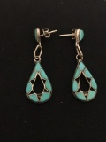 Old Pawn Native American Turquoise Inlaid Sterling Silver Pair of Dangle Earrings