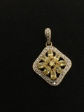 Flower Styled Oval Faceted Yellow Topaz Two-Tone Sterling Silver Pendant