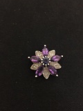 JWBR Designed Marquise & Round Faceted Amethyst & Diamond Flower Styled Sterling Silver Pendant
