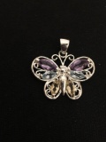 Marquise Faceted Amethyst, Blue Topaz & Citrine Sterling Silver Butterfly Designed Pendant