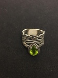 Pear Faceted 11x9 Peridot Israeli Handmade Sterling Silver Fashion Ring Band - Size 9