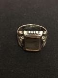 Rectangular 12x10 Cabochon Montana Picture Agate Vintage Sterling Silver Ring Band - Size 8