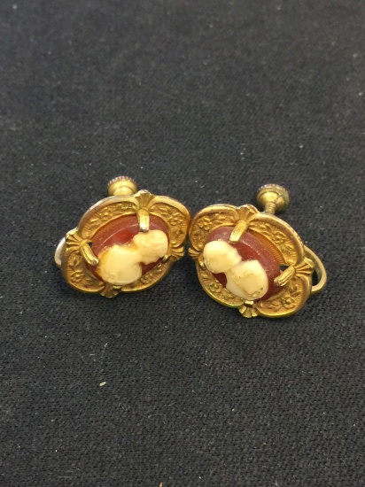 Hand-Carved Cameo Gold-Tone Pair of Sterling Silver Earrings
