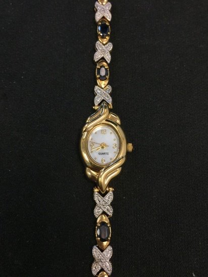 Petite Mother of Pearl Inlaid Quartz Gold-Tone Watch w/ Midnight Sapphire Sterling Silver 9"