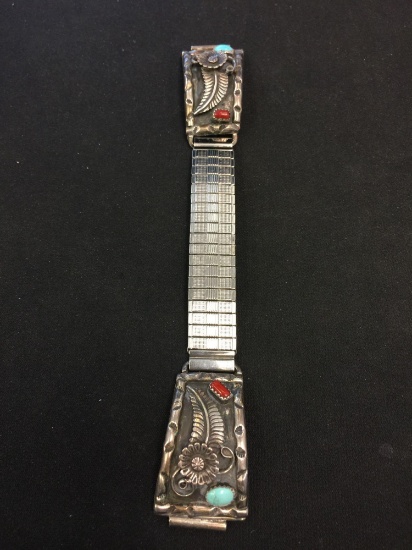 Old Pawn Native American Gemstone Cabochon Inlaid 7" Sterling Silver Expandable Watch Band