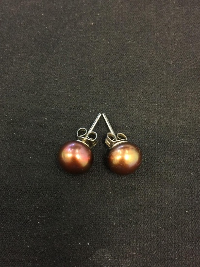 Round Bronze-Tone 9 mm Pearl Pair of Sterling Silver Stud Earrings