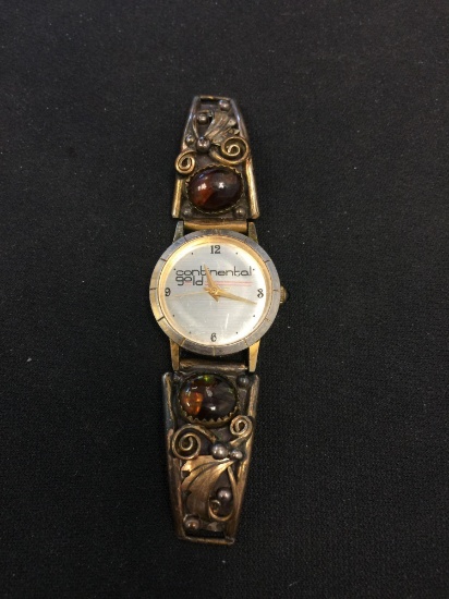 Continental Gold Quartz Watch w/ Sterling Silver, 12 Karat Gold Filled & Boulder Opal Inlaid