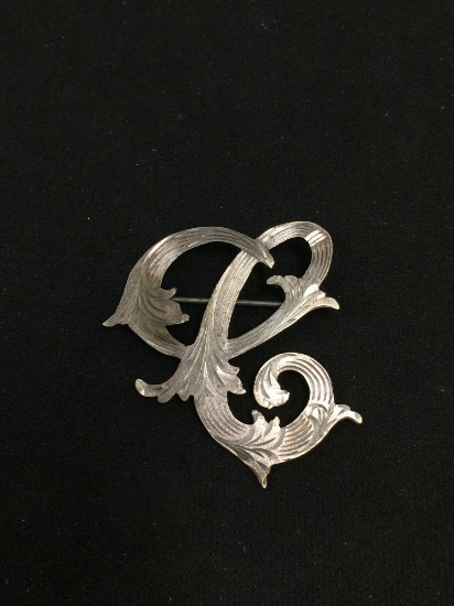 Cursive Initial "C" Designed Sterling Silver Brooch