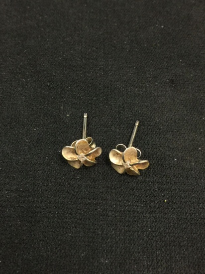 Gold-Tone Petite Rhinestone Studded Flower Designed Sterling Silver Pair of Stud Earrings