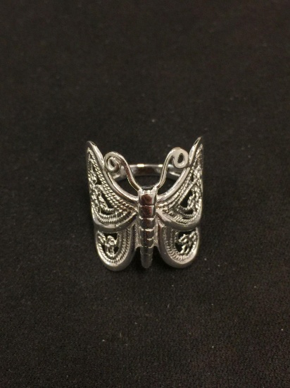 Milgrain Filigree Butterfly Styled Sterling Silver Ring Band - Size 7.5