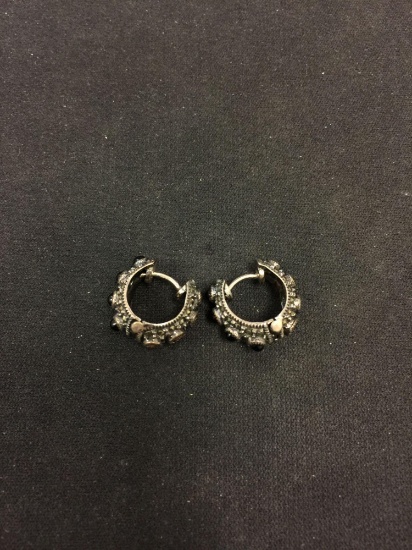 Vintage Marcasite & Gemstone Cabochon Pair of Sterling Silver Huggee Earrings