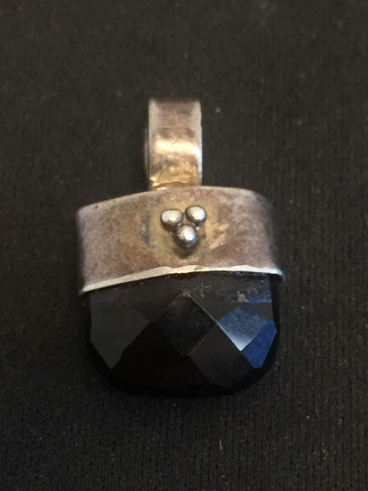 Rustic Checkerboard Faceted Smokey Quartz Sterling Silver Pendant