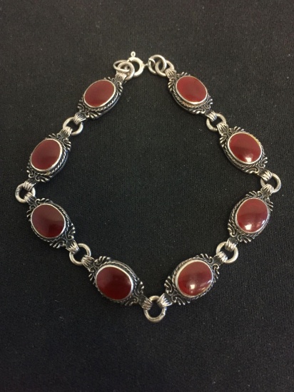 NF Designed Oval Cabochon Agate Inlaid Vintage Sterling Silver 7" Link Bracelet