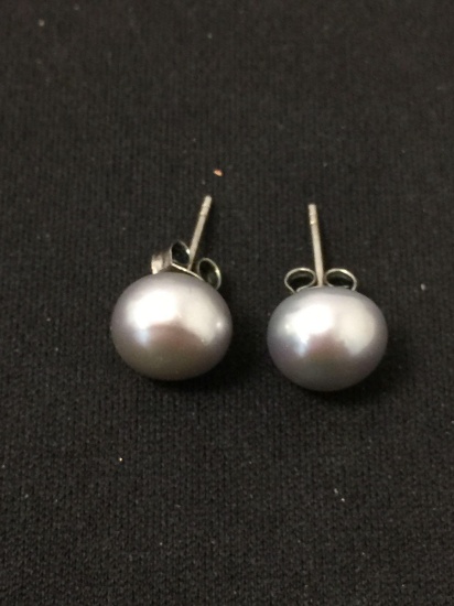 Round Silver-Tone 10 mm Pearl Pair of Sterling Silver Stud Earrings