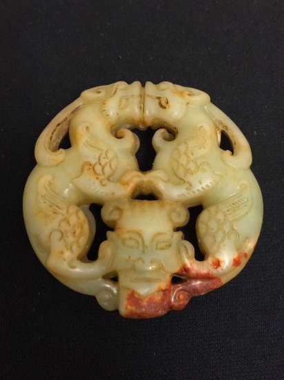 Double Dragon & Mask Asian Styled Hand-Carved 2.5" Jade Pendant