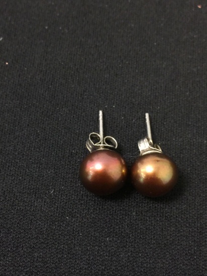 Round Bronze-Tone 9 mm Pearl Pair of Sterling Silver Stud Earrings