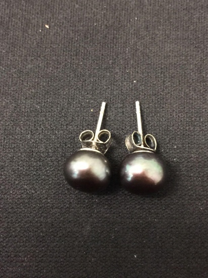 Round Tahitian 9 mm Pearl Pair of Sterling Silver Stud Earrings