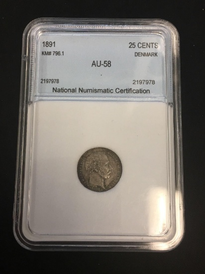 NNC Graded 1891 Denmark 25 Ore Silver Foreign Coin - AU 58