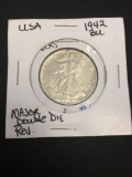 1942 United States Walking Liberty Silver Half Dollar - 90% Silver Coin - Rare Double Die Reverse