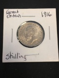 1916 Great Britain Shilling Silver Foreign Coin - BU Condition - Rare Key Date