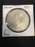 1957 Mexico 5 Pesos Silver Foreign Coin - .4178 ASW - BU Condition
