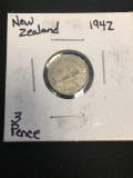 1942 New Zealand 3 Pence Silver Foreign Coin - .0227 ASW - BU Condition