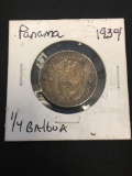 1934 Panama 1/4 Balboa Silver Foreign Coin - .1808 ASW - AU Condition - Key Date