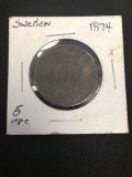 1874 Sweden 5 Ore Foreign Coin - Low Mintage - Key Date - (Marked by Consignor)
