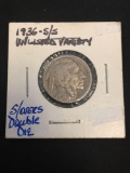1936-S/S Unlisted Variety United States Indian Head Buffalo Nickel 5 Cent Coin - S Over S Double Die