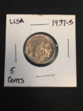 1937-S United States Indian Head Buffalo Nickel 5 Cent Coin - MS 67 (Graded by Consignor)