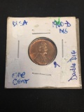 1960-D United States Lincoln Penny Cent Coin - Double Die - MS 63 R/B - Graded by Consignor