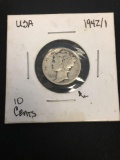 1942/1 United States Mercury Silver Dime - 90% Silver Coin - 42/1 Error - Graded by Consignor