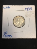 1935 United States Mercury Silver Dime - 90% Silver Coin - White FSB - Graded by Consignor